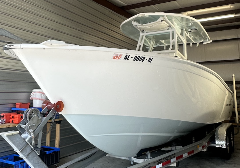 Center-console boat with glossy detailed exterior